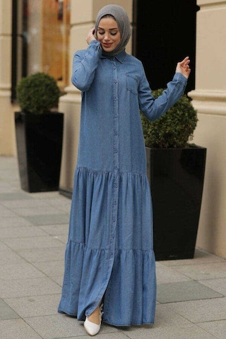 Neways 6564-Büzgülü Düğmeli Elbise Koyu Mavi