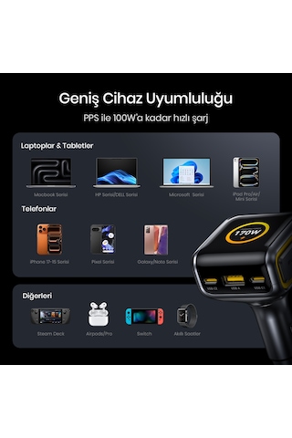 Aohi Superauto Araç İçi Şarjı, 3 Portlu Dijital Ekranlı , 170w Type-c Ve Usb-a Girişli, Usb, Hızlı Ş