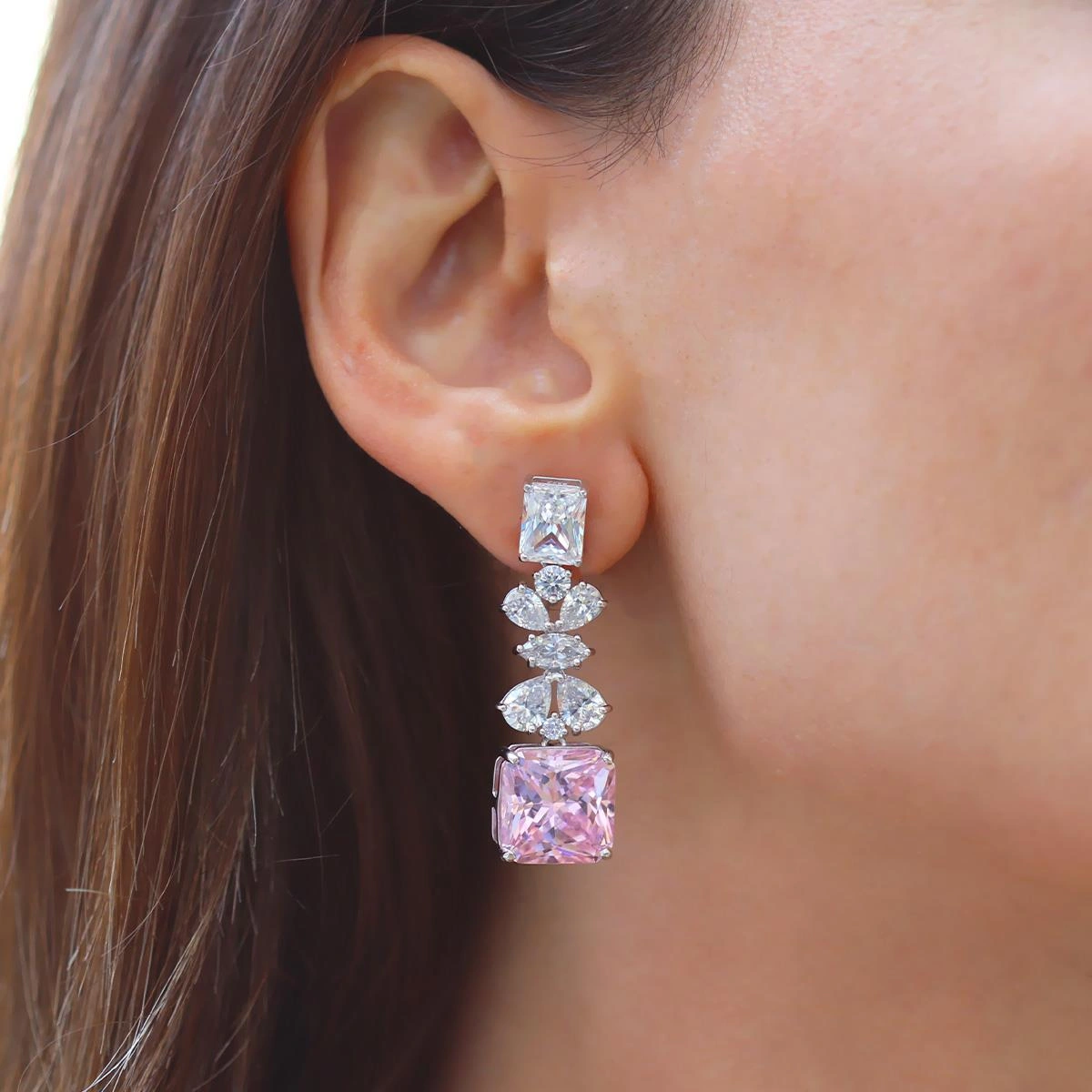 Pembe Kare Çiçekli Gümüş Işıltı Gümüş Küpe Gümüş