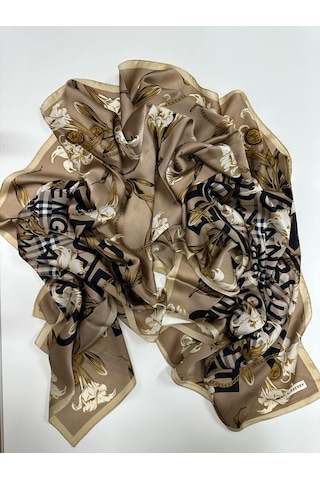 Miorel Scarfs Yeni Sezon Çiçek Desen Ekose Zincir Vual İpek Şal Premium Bej