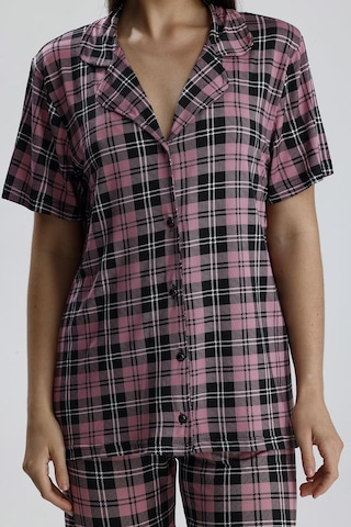 Kompedan Kadın Önden Düğmeli Pijama Takım Ekose Pembe Eks Pembe