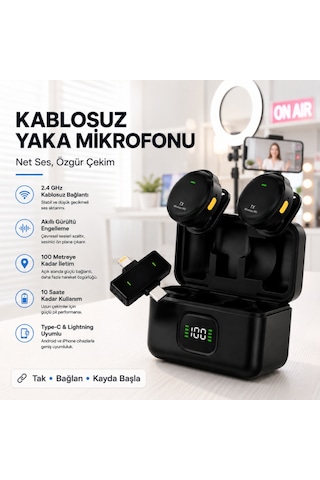 Coofbe Dijital Şarj Göstergeli 2'li 2.4 Ghz Kablosuz Yaka Mikrofonu, Apple Uyumlu iPhone Android Uyumlu, 20 Hz 20 Khz