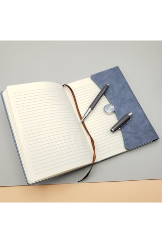 Kişiye Özel Özel Kutulu Deri Defter Ve Roller Kalem Seti Gri