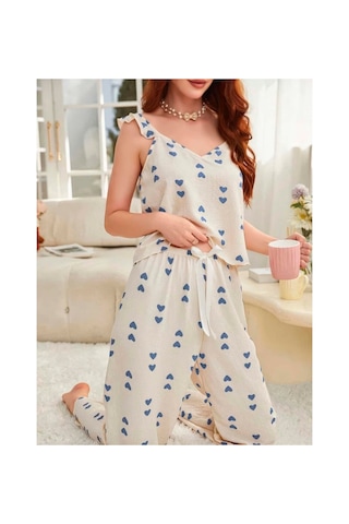 Ruselin Kadın Kalp Desenli Pijama Takımı - 6541651461796816 ekru