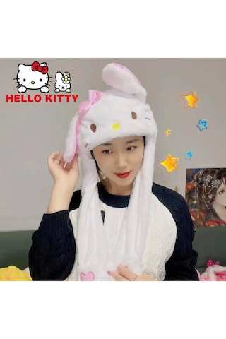 Mj Toys Sanrio Kuromi Hello Kitty Şapka Kulakları Hareket Eden Şapka Işıklı Modlu Peluş Bere Şapka Beyaz