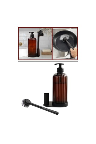 Mutfak Banyo 2 Li Temizlik Seti, Sıvı Sabunluk Deterjanlık 500ml + Silikon Uçlu Bulaşık Fırçası Seti Antrasit