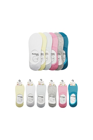 Kadın Babet Çok Renkli Çorap Pamuklu Görünmez Kaydırmaz Topuk Silikonlu 6'lı Paket Pirinç Örgü Çok Renkli