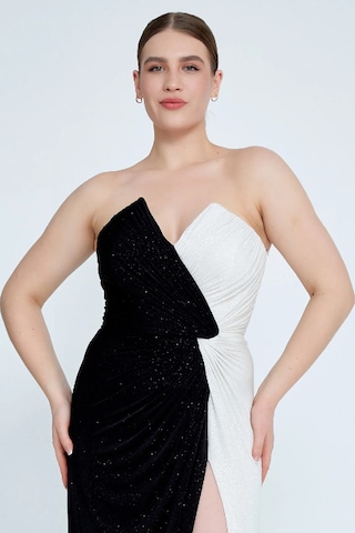 Şeref Vural Kadın Büyük Beden Straplez Derin Yırtmaçlı Maxi Abiye Elbise 8237 Siyah-beyaz Siyah-beyaz