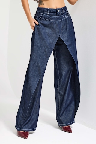 it's basic Kadın İndigo Bol Kesim Balon Fit Çift Pantolon Detaylı Özel Tasarım Denim Jean