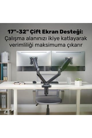 Npo Std46024e Airgrip 17"-32" Ergonomik 360 Amortisörlü Vesa Çift Kol Monitör Tutucu