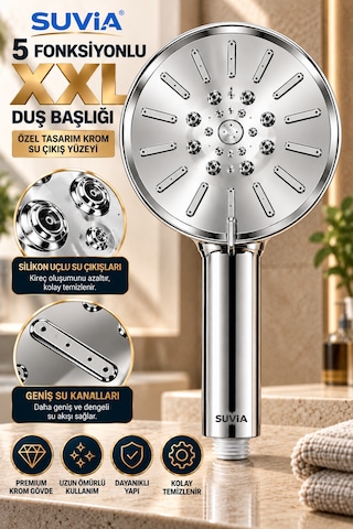 Duş Başlığı Xxl Duş Sistemi 5 Fonksiyonlu 130 Mm Geniş Başlık Yüksek Basınçlı Krom El Duşu