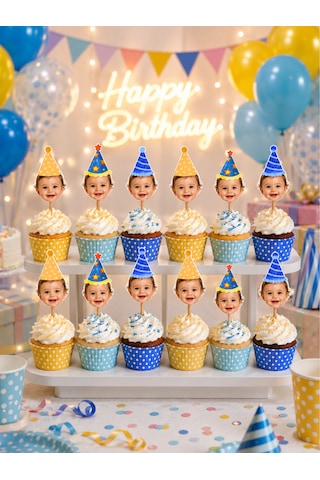 Pamuğum Atelier (12 Adet) Kişiye Özel Fotoğraflı Şapkalı Cupcake Süsü | Yetişkin veya Bebek Doğum Günü Pasta Süsü