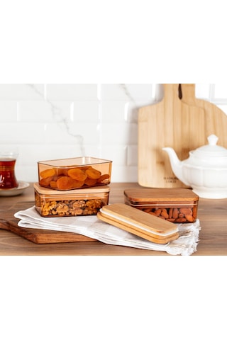 Madame Coco Diviera 500ml Ahşap Kapaklı Saklama Kabı 3'lü 1ksakl0429500 Ml-amber Diğer