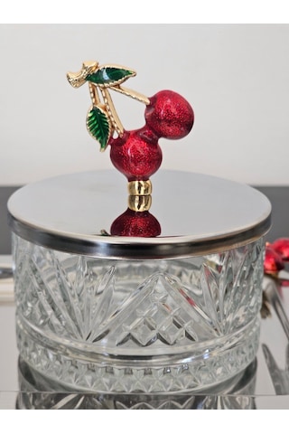 Atabey Home Collection 3'lü Kirazli Gümüş Tepsili Kase Seti & Şekerlik & Sunumluk & Çerezlik