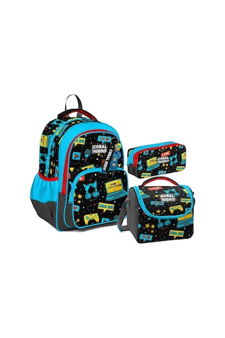 Coral High Erkek Çocuk Üç Gözlü İlkokul Çanta Seti - Siyah Mavi Gamer Desenli