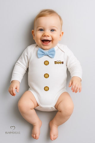 Babyden's Mini Boss Papyonlu Erkek Bebek Zıbın Uzun Kollu Yenidoğan Bebek Body Mavi Mavi