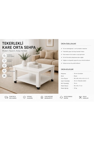 Tekerlekli Orta Sehpa Beyaz - Beyaz