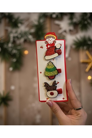 Yılbaşı Temalı Simli Çocuk Toka Seti Noel Şapkası, Çam Ağacı Ve Geyik Figürlü 3'lü Klips Toka-211 Çok Renkli