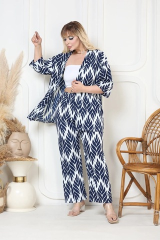 Desenli Kimono Hırkalı 2li Alt Üst Takım Bürümcük Kumaş Yazlık 2xl-6xl Oversize Lacivert