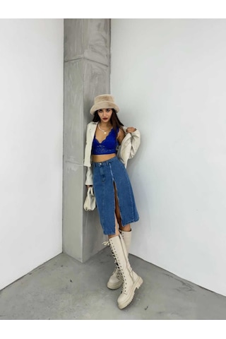 Shevega Kadın Mavi Ön Fermuar Detayli Kot Etek Mavi