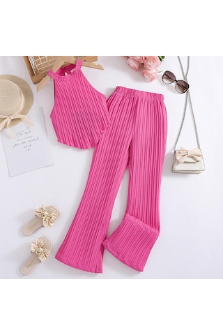 7-12y Kızlar Büyük Kız Takım Elbise Çocuk Yaz Yeni Moda Askılı Boyun Yelek Üst Dalga Şerit Pantolon 2 Adet Kırmızı