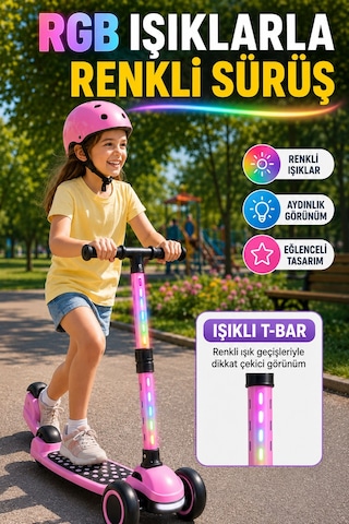 Pembe Speedx Wx-817 Rgb Işıklı Müzikli Çocuk Scooter Ayarlanabilir Alüminyum T-bar Tekerlekli Frenli