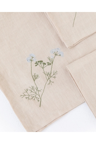 4'lü Kır Çiçeği İşlemeli Peçete Seti, Doğal Keten Peçeteler Naturel