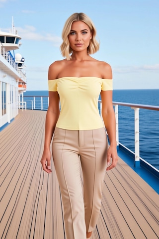 Benerly Kadın Bluz Carmen Yaka Düşük Kısa Kol Fitted Vücuda Oturan Örme Ç Sarı