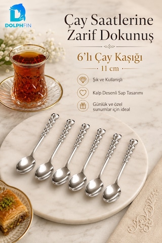 Kalp Desenli Çay Kaşığı 6 Lı Set 11 Cm Parlak Gümüş Renkli Zarif Sunum Kaşığı Metalik