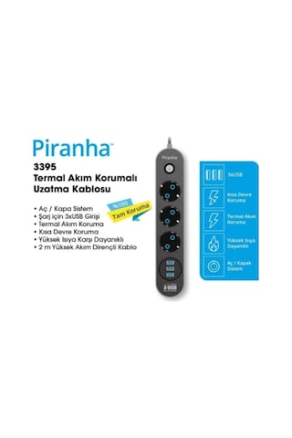 Piranha 3395 Termal Akım Korumalı 3 USB li Priz