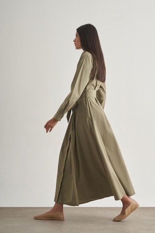 Mizalle Premium Saf Pamuk Haki Piliseli Uzun Elbise Haki