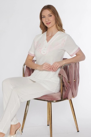 Kısa Kol Zakkum Klasik Pijama Takımı Dantel Detaylı Flz 88-119 Ekrupembe