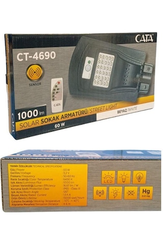 Cata Ct-4690 60w Kumandalı Solar Sokak Armatür - Beyaz Işık Siyah
