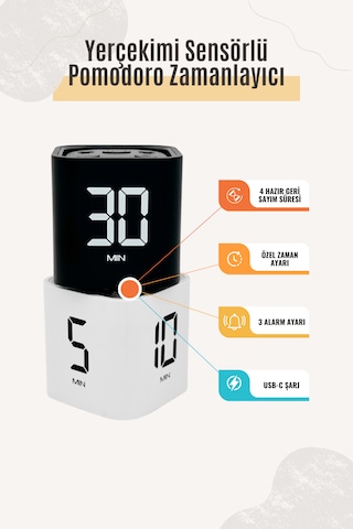 GWORKE Gt-1 İkili Set Pomodoro Zamanlayıcı Küp Flip Timer Öğrenci Ders Çalışma Saati - Siyah & Beyaz