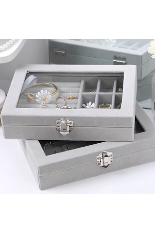 Springsun Gri Yeni Model Kadife Kapaklı Toz Koruyucu, Metal Paslanmayan Yüzük-küpe-çiçek Takı Saklama Kutusu 20x15.5x5 Cm Gri