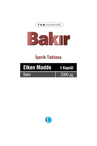 Tabvitamins Bakır 120 Bitkisel Kapsül Bakır Bisglisinat 2 Mg