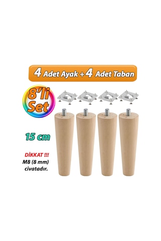 Ahşap Ayak 15 Cm 8'li Set M8 Civatalı Bağlantı Aparatlı Dolap Mobilya Koltuk Kanepe Destek Ayağı Ayakları Ahşap