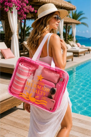Hig Home Pembe Büyük Boy Şeffaf Plaj Çantası Mermaid Baskılı, Su Geçirmez, Tatil Çantası