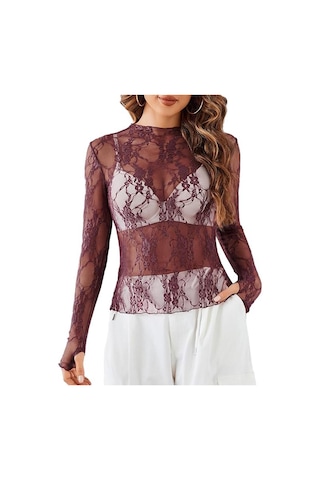 Kadın File Üst Uzun Kollu Balıkçı Yaka Şeffaf Bluz Şeffaf Çiçek Dantel Üstler Bordo