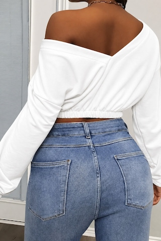 Tarz Cool Kadın Omuz Dekolteli Lastikli Crop Sweatshirt %100 Pamuk Beyaz