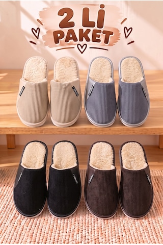 Stwenn 2'li Karma Erkek Kadın Avantajlı Paket Peluş Ev Terliği Kapalı Burun Arkası Açık Sıcak Rahat Panduf 2 Li Morio
