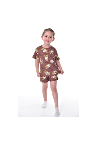%100 Pamuk Interlok Kumaş Kısa Kollu Şortlu Kız Çocuk Pijama Takımı 3,4,5,6,7,8 Yaş Kahverengi