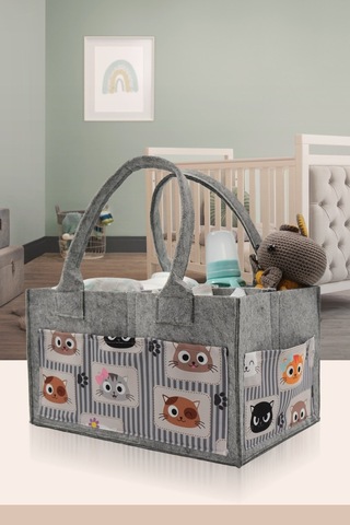 Jasper Kedi Figürlü Desenli Gri Keçe Anne Bebek Bakım Çantası Or Gri