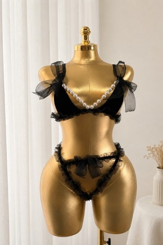 Suısy Pearly Queen Siyah El İşi İnci Detaylı Fırfırlı Tül Bralet Takımı