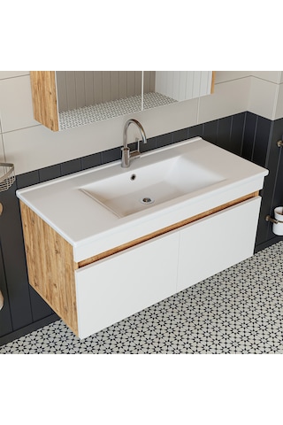 Roomart '' Lavabolu '' Atlantik-Beyaz Mat Mdf 100 Cm Banyo Dolabı Atlantik Çam - Beyaz