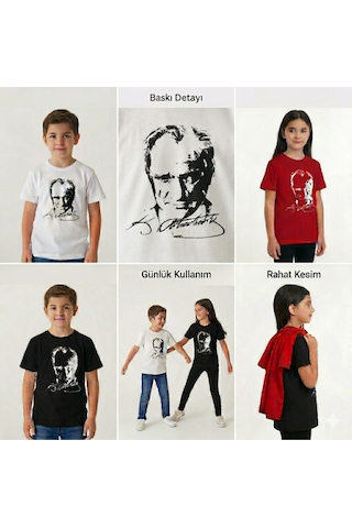 Westicgiyim Atatürk Baskılı Çocuk Tişört Unisex Pamuklu Kısa Kollu Tişört Kırmızı