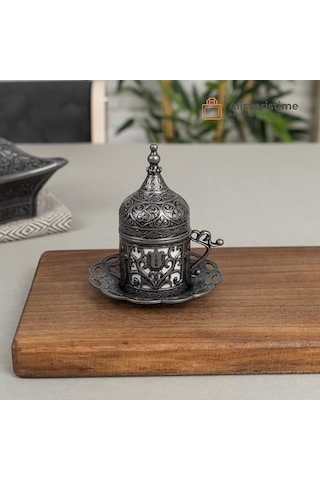 1 Adet Türk Yunan Arap Kahvesi Espresso Fincanı Tabağı Lale Siyah Açık Ahşap