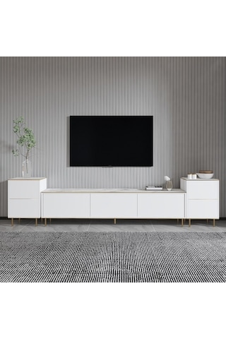 Tv Sehpası Kozan Set Beyaz Mermer Desen Gold 260 Cm