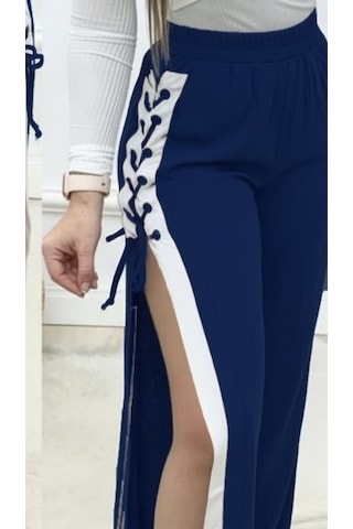 Tua Moda Kadın Yüksek Bel Yandan Çapraz Bağcıklı Yırtmaçlı Viskon Iki Iplik Pantolon Lacivert