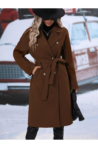 Yeni Sonbahar Ve Kış Kadın Kruvaze Bağcıklı Palto Koyu Kahverengi